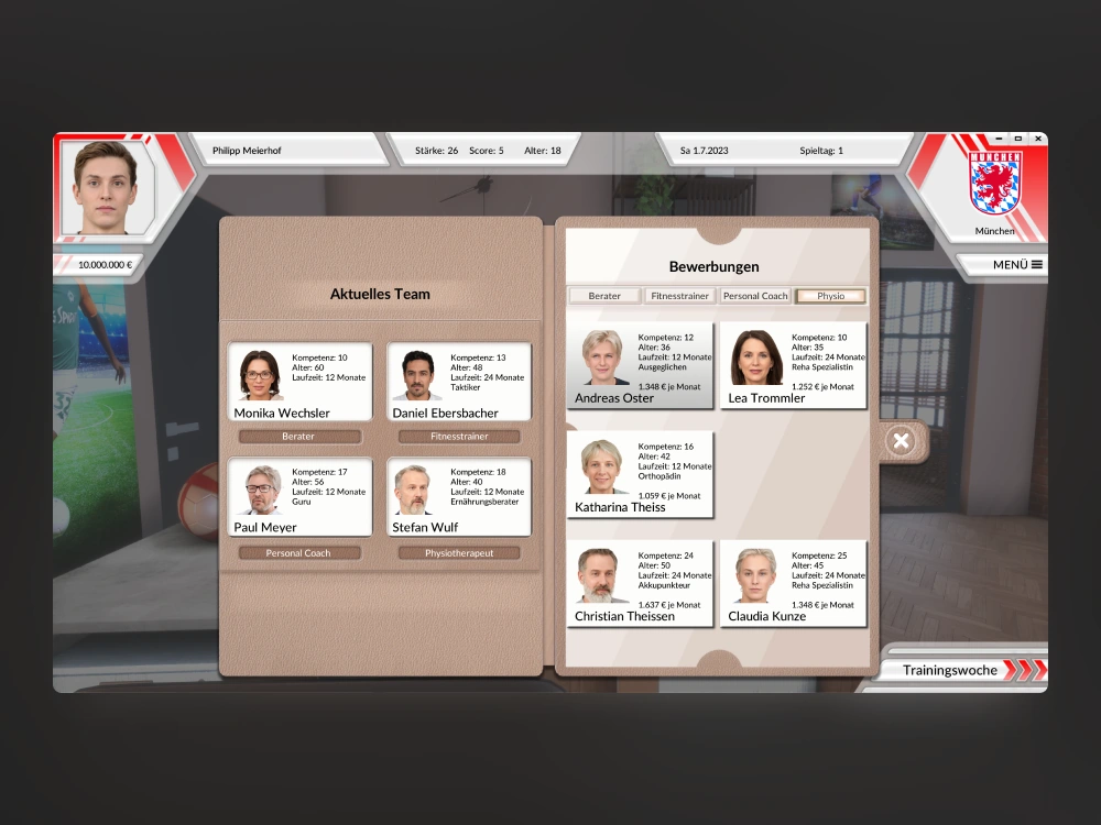 Football manager game interface showing current team staff and job applications for new hires
