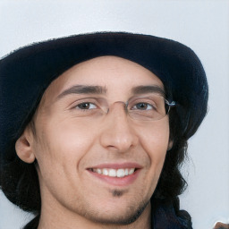 Joyful white young-adult male with medium  brown hair and brown eyes