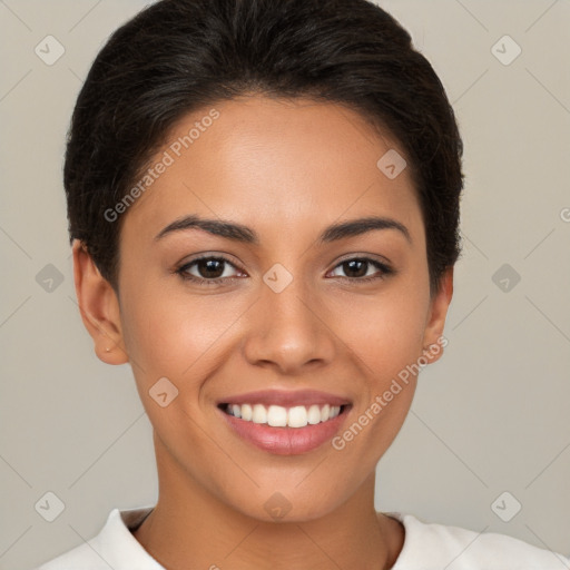 Joyful white young-adult female with short  brown hair and brown eyes