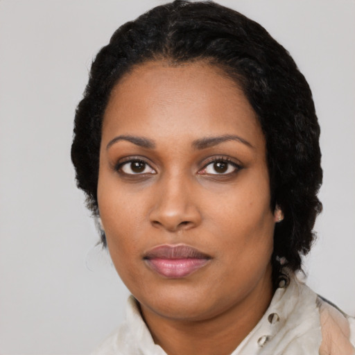Neutral black young-adult female with medium  black hair and brown eyes