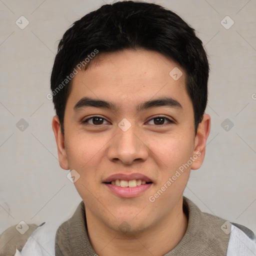 Joyful asian young-adult male with short  black hair and brown eyes