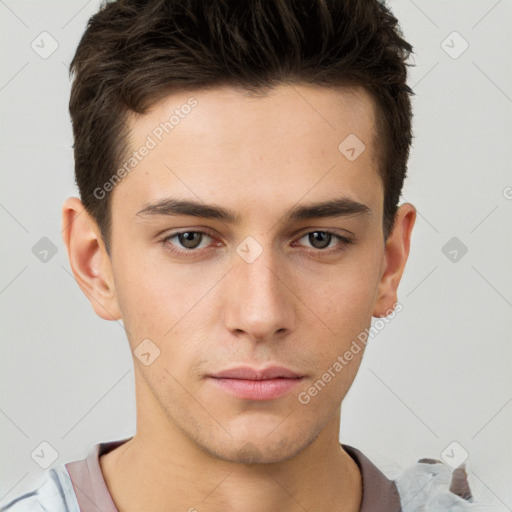 Neutral white young-adult male with short  brown hair and brown eyes