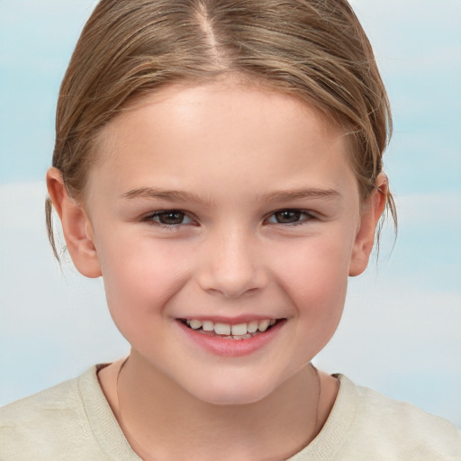 Joyful white child female with medium  brown hair and brown eyes