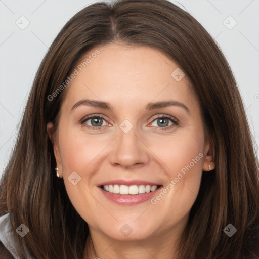 Joyful white young-adult female with long  brown hair and grey eyes