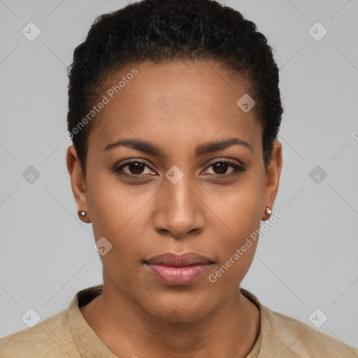 Neutral black young-adult female with short  black hair and brown eyes