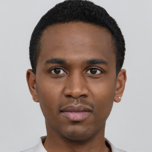 Neutral black young-adult male with short  black hair and brown eyes