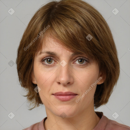 Joyful white young-adult female with medium  brown hair and green eyes