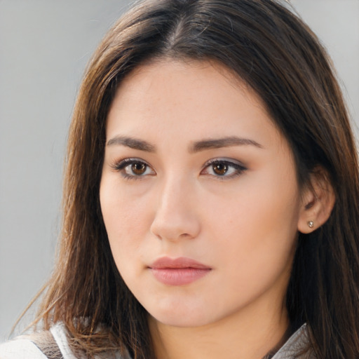 Neutral asian young-adult female with long  brown hair and brown eyes