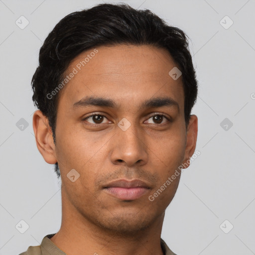 Neutral asian young-adult male with short  brown hair and brown eyes