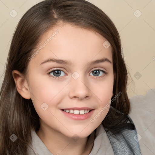 Joyful white child female with medium  brown hair and brown eyes