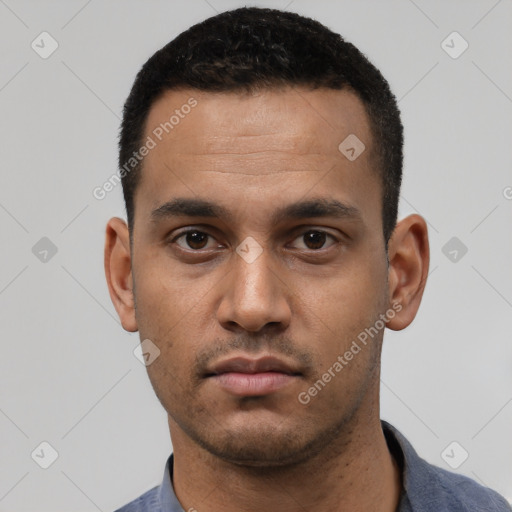 Neutral white young-adult male with short  black hair and brown eyes