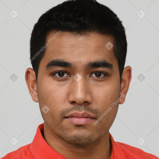 Neutral asian young-adult male with short  black hair and brown eyes