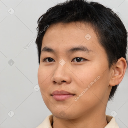 Neutral asian young-adult male with short  brown hair and brown eyes