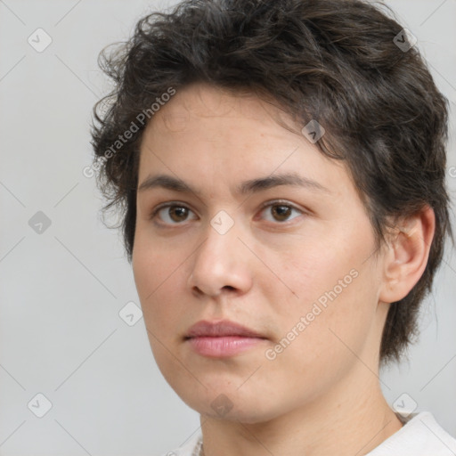 Neutral white young-adult female with medium  brown hair and brown eyes