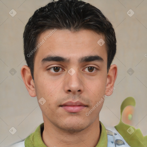 Neutral white young-adult male with short  brown hair and brown eyes