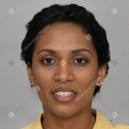 Joyful black young-adult female with short  brown hair and brown eyes