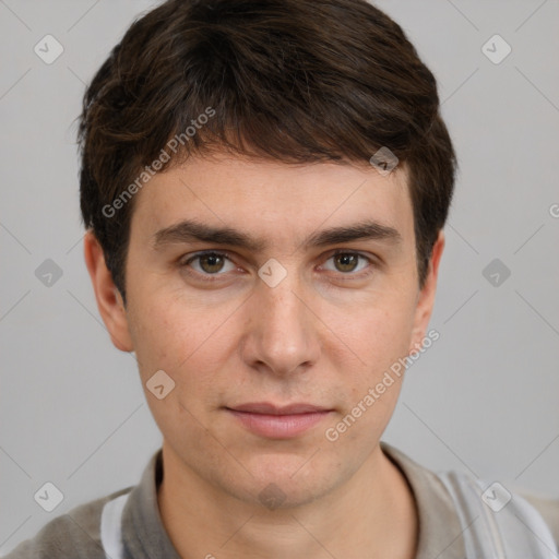 Neutral white young-adult male with short  brown hair and grey eyes