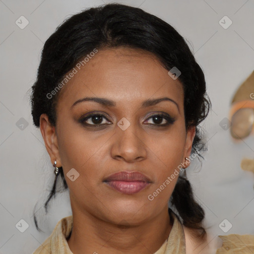 Joyful black young-adult female with medium  brown hair and brown eyes