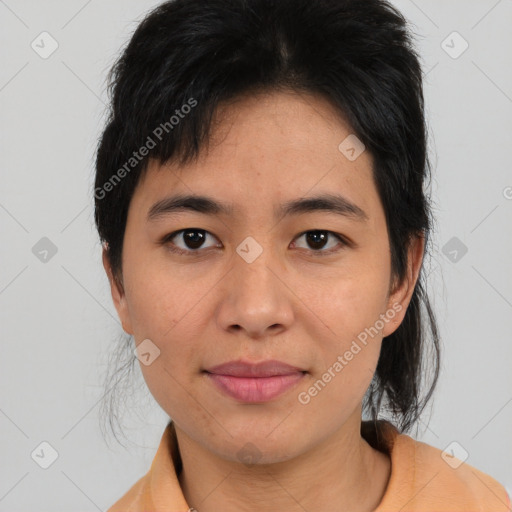 Joyful asian young-adult female with medium  brown hair and brown eyes