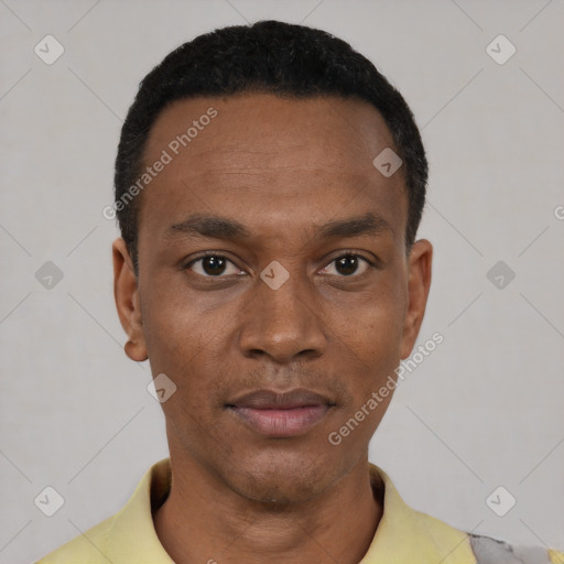 Neutral black young-adult male with short  black hair and brown eyes