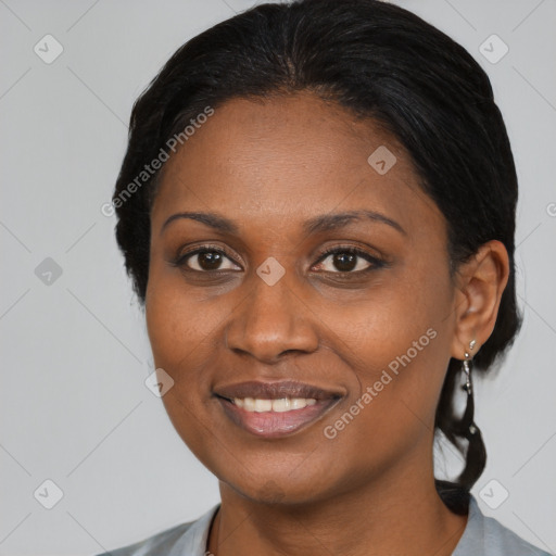 Joyful black young-adult female with medium  black hair and brown eyes