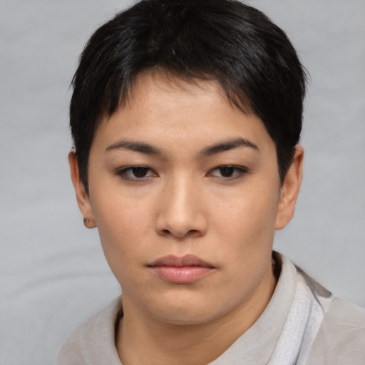 Neutral asian young-adult female with short  brown hair and brown eyes