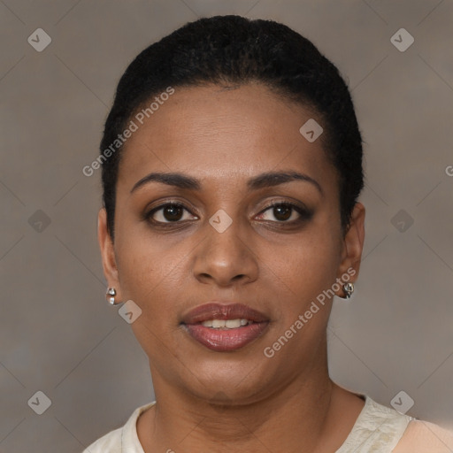 Joyful black young-adult female with short  black hair and brown eyes