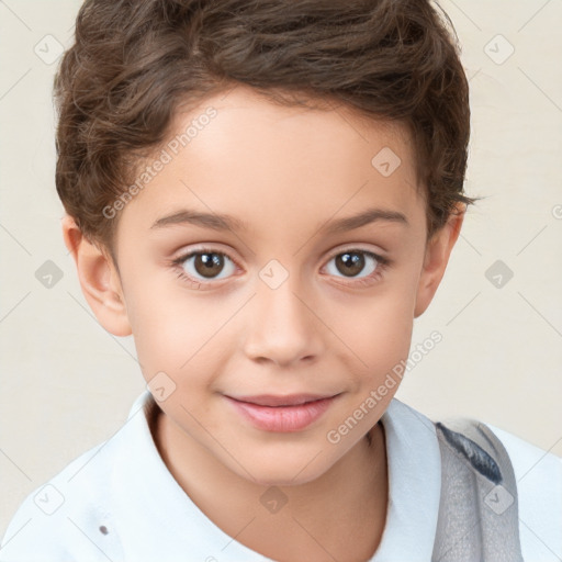 Joyful white child female with short  brown hair and brown eyes