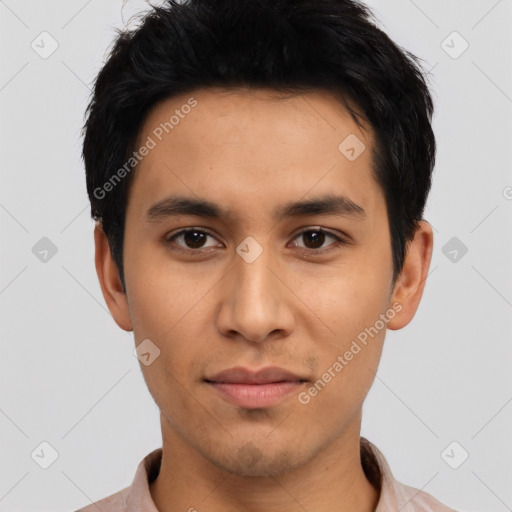 Neutral latino young-adult male with short  black hair and brown eyes