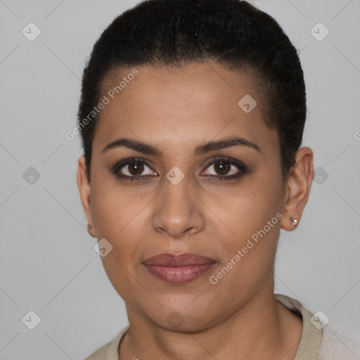 Joyful latino young-adult female with short  brown hair and brown eyes