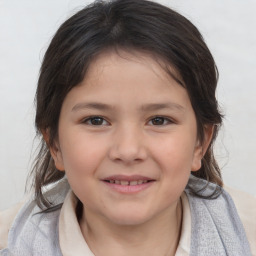 Joyful white child female with medium  brown hair and brown eyes