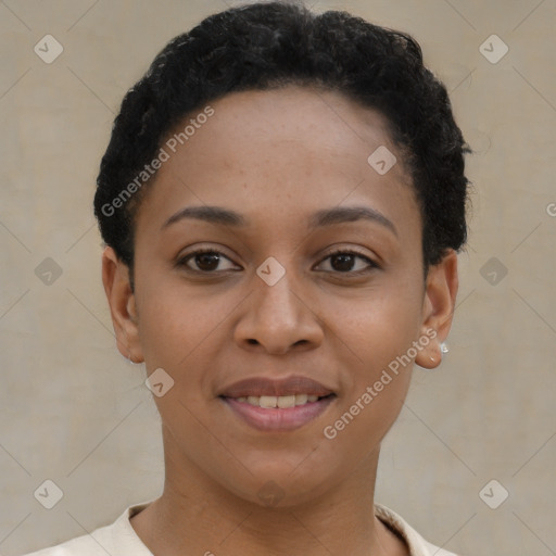 Joyful latino young-adult female with short  brown hair and brown eyes