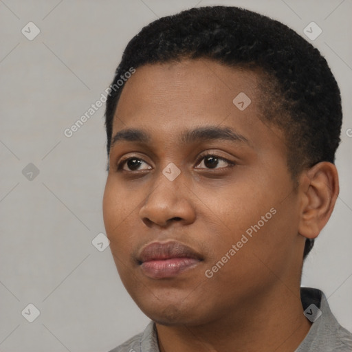 Neutral black young-adult male with short  black hair and brown eyes