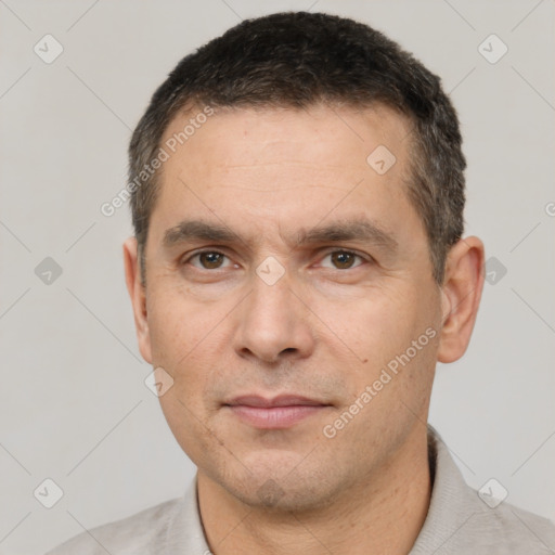 Neutral white adult male with short  black hair and brown eyes