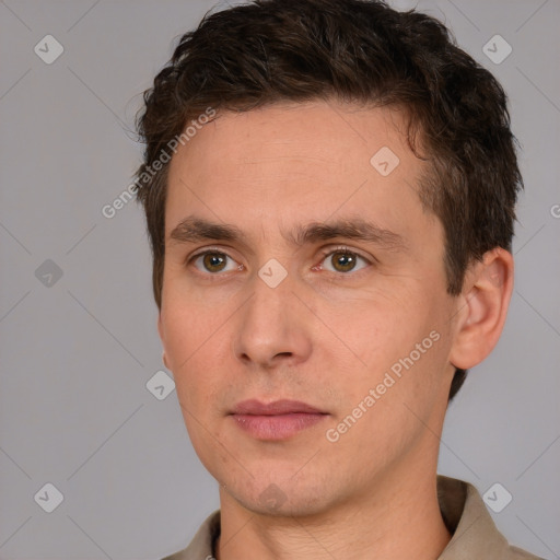 Neutral white young-adult male with short  brown hair and brown eyes