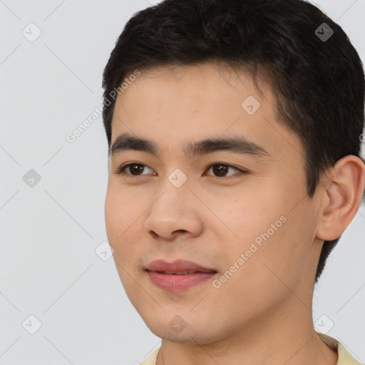 Neutral asian young-adult male with short  black hair and brown eyes