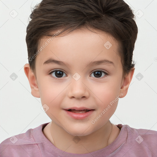 Joyful white child female with short  brown hair and brown eyes