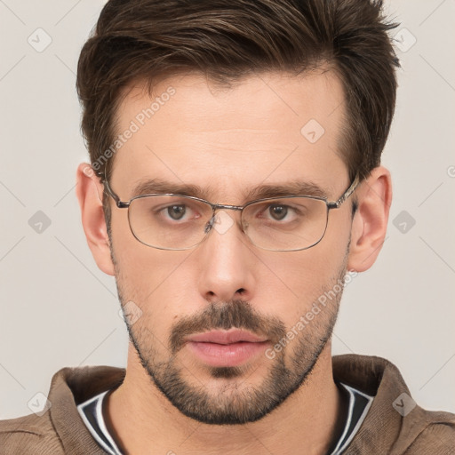 Neutral white adult male with short  brown hair and brown eyes