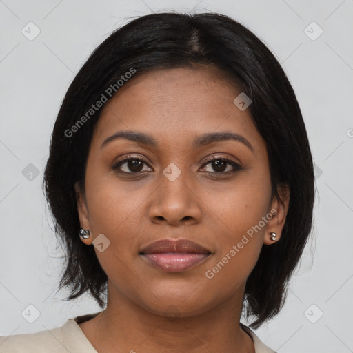 Joyful black young-adult female with medium  black hair and brown eyes