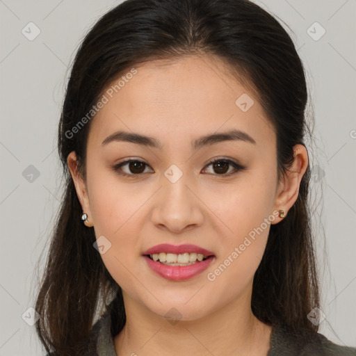 Joyful white young-adult female with long  brown hair and brown eyes