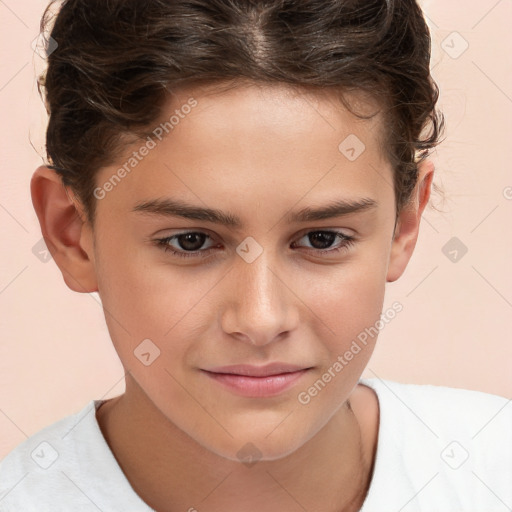 Joyful white child female with short  brown hair and brown eyes