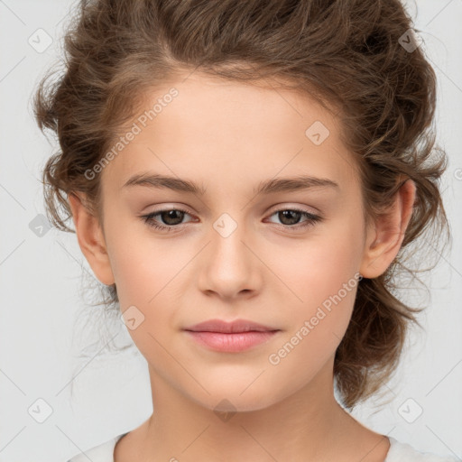 Joyful white child female with medium  brown hair and brown eyes