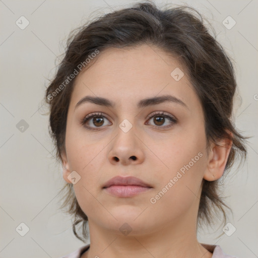 Neutral white young-adult female with medium  brown hair and brown eyes