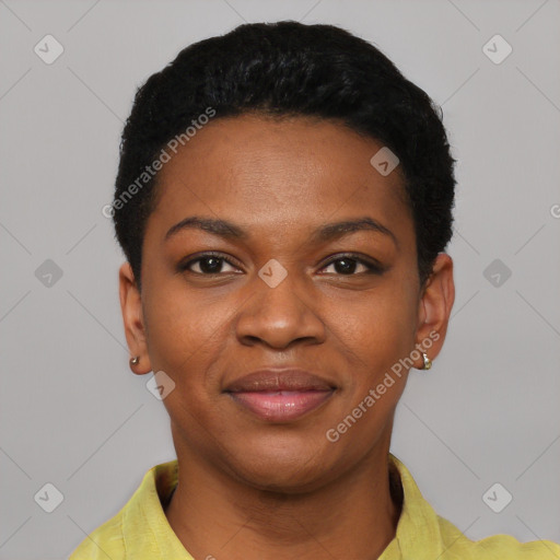 Joyful black young-adult female with short  black hair and brown eyes