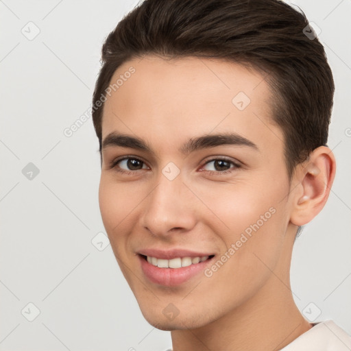 Joyful white young-adult female with short  brown hair and brown eyes