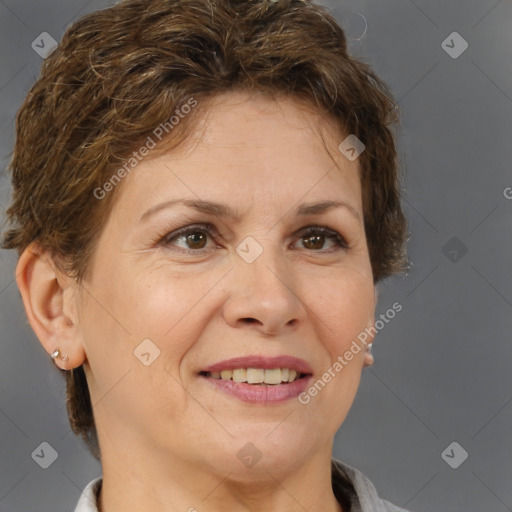 Joyful white adult female with short  brown hair and brown eyes