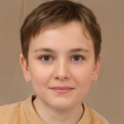 Joyful white child female with short  brown hair and brown eyes