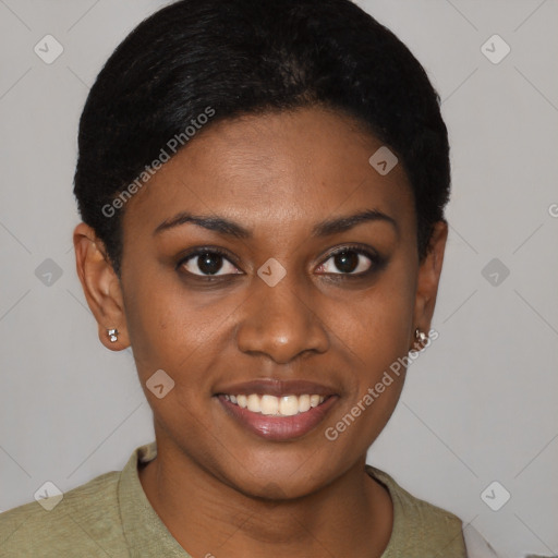 Joyful black young-adult female with short  brown hair and brown eyes