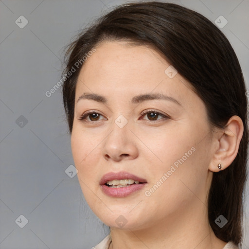 Joyful white young-adult female with medium  brown hair and brown eyes