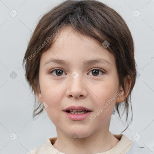 Joyful white child female with medium  brown hair and brown eyes